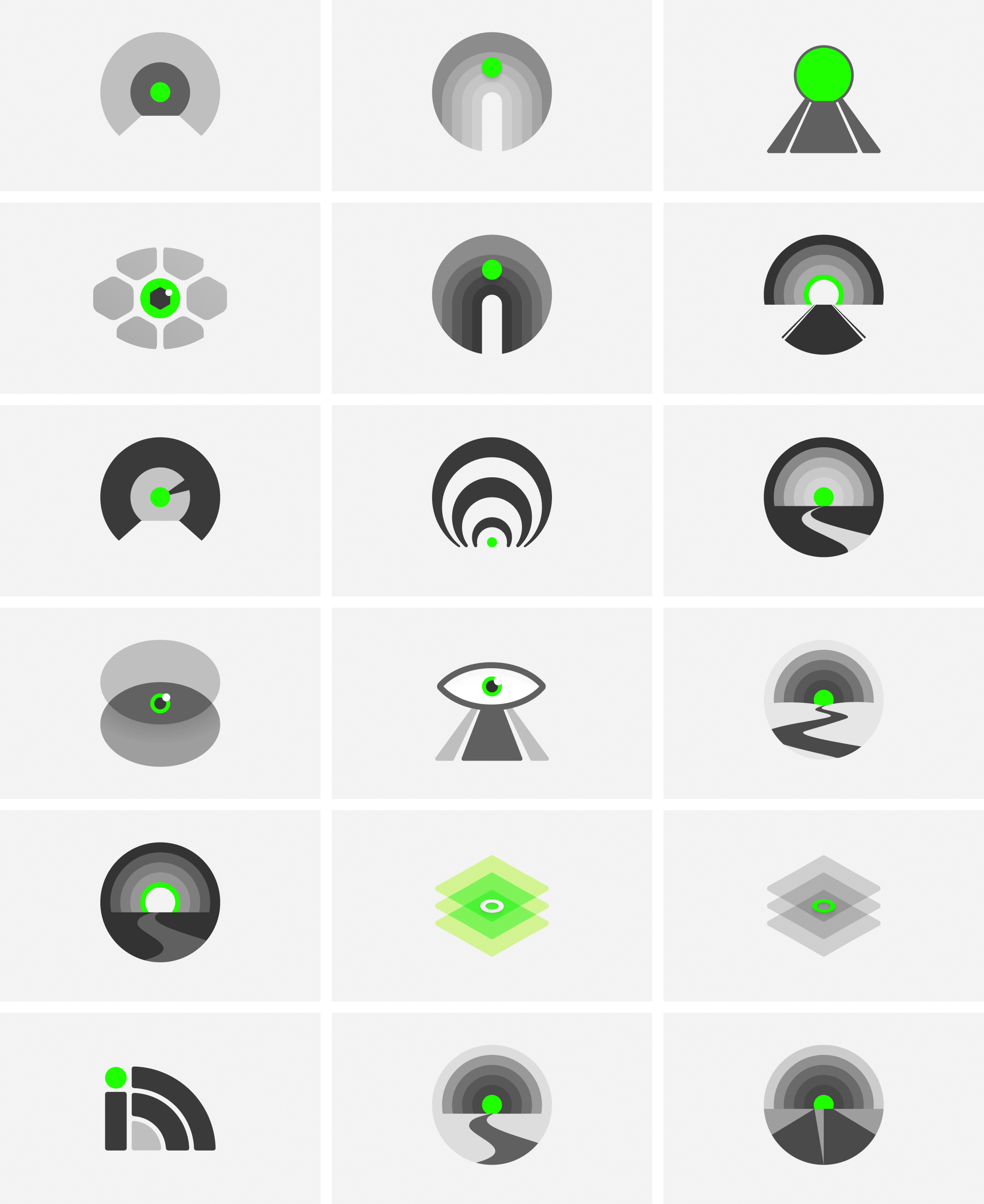 Identity explorations for iOverlay using various black, white and green shapes.