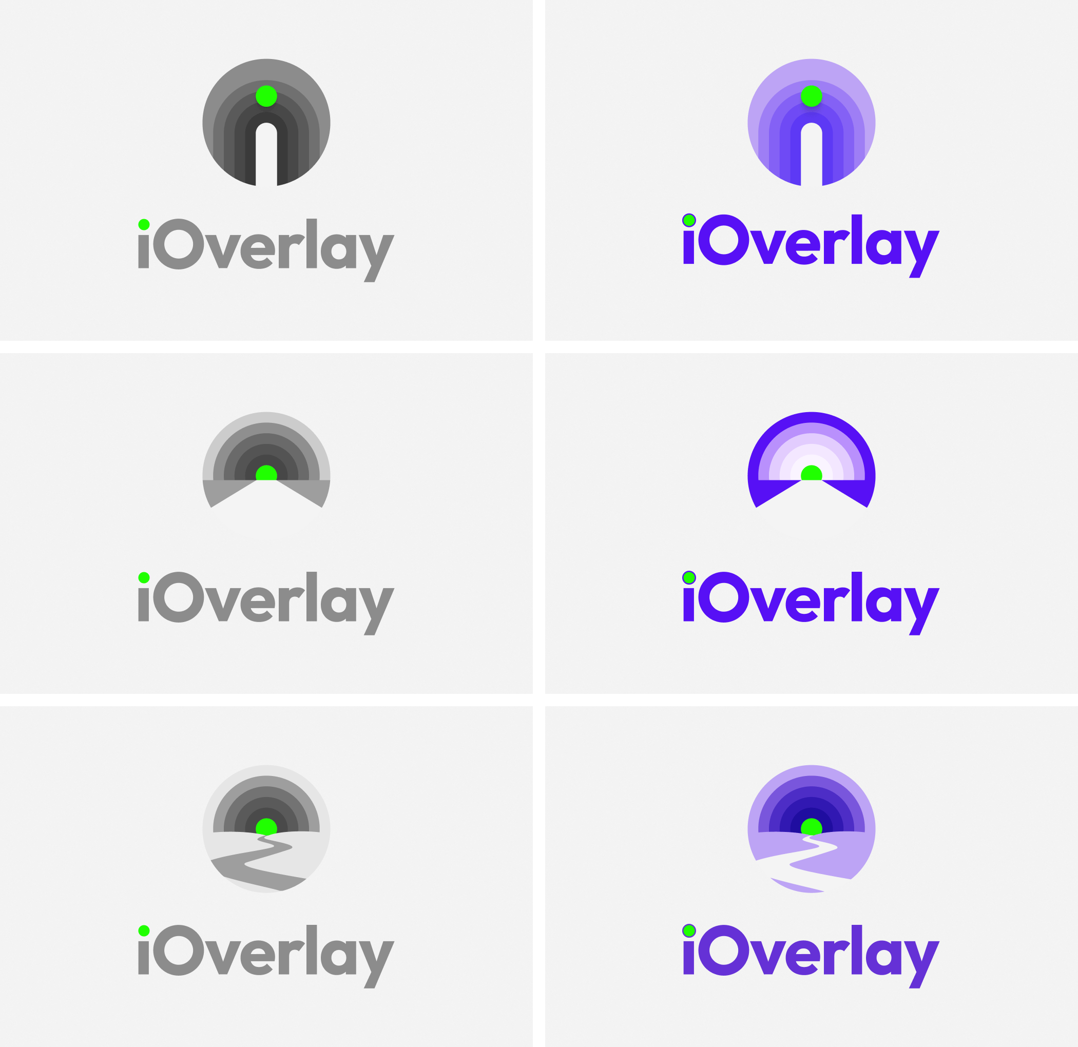 Focused and refined iOverlay logos with monochromatic and color treatments.