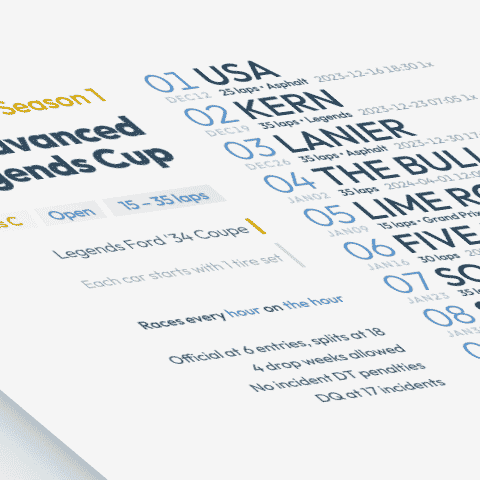 stylized image of a schedule poster for Advanced Legends Cup on iRacing.com