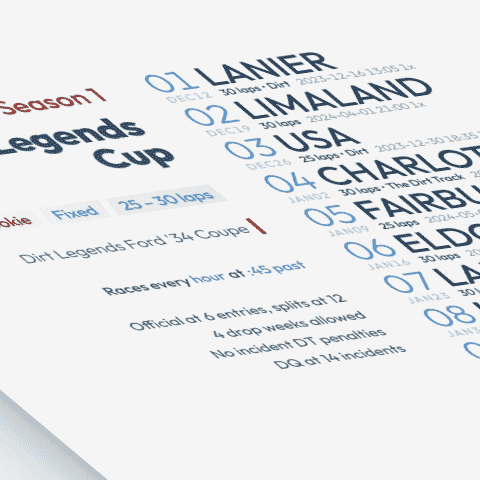 stylized image of a schedule poster for Dirt Legends Cup on iRacing.com