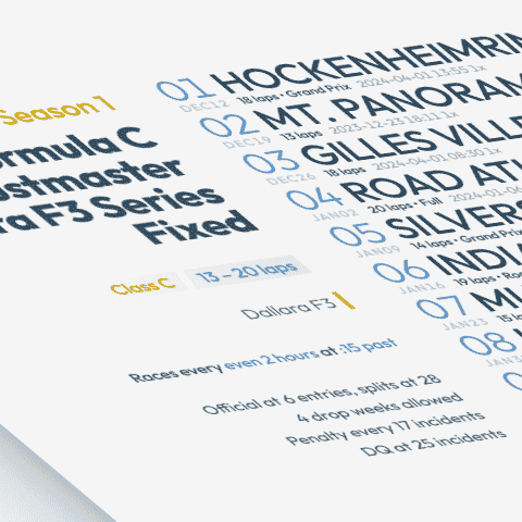 stylized image of a schedule poster for Formula C Thrustmaster Dallara F3 Series Fixed on iRacing.com