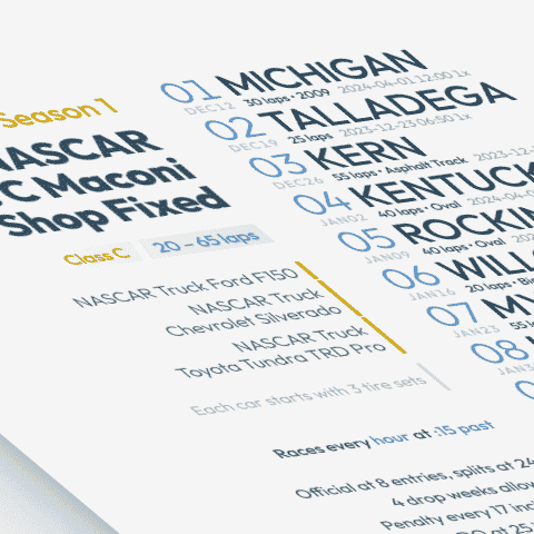 stylized image of a schedule poster for NASCAR Class C Maconi Setup Shop Fixed on iRacing.com