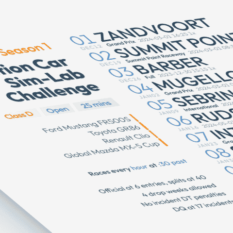 stylized image of a schedule poster for Production Car Sim‑Lab Challenge on iRacing.com