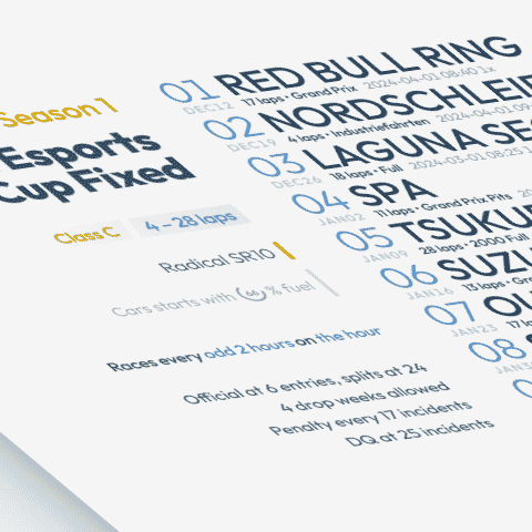 stylized image of a schedule poster for Radical Esports Cup Fixed on iRacing.com