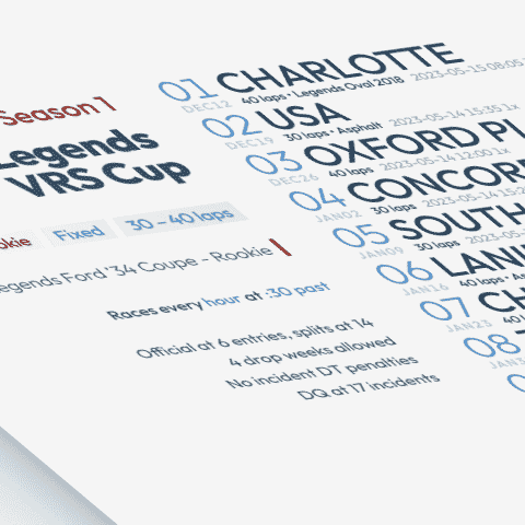 stylized image of a schedule poster for Rookie Legends VRS Cup on iRacing.com