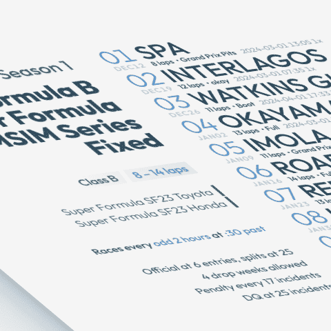 stylized image of a schedule poster for Formula B Super Formula IMSIM Series Fixed on iRacing.com