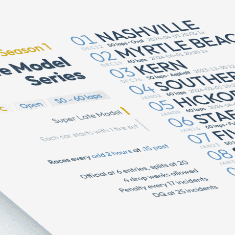 stylized image of a schedule poster for Super Late Model Series Fixed on iRacing.com