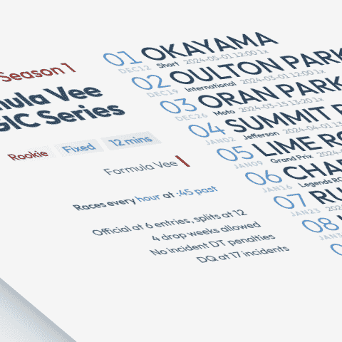 stylized image of a schedule poster for Formula Vee SIMAGIC Series on iRacing.com