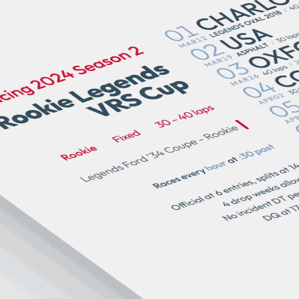 stylized image of a schedule poster for Rookie Legends VRS Cup on iRacing.com