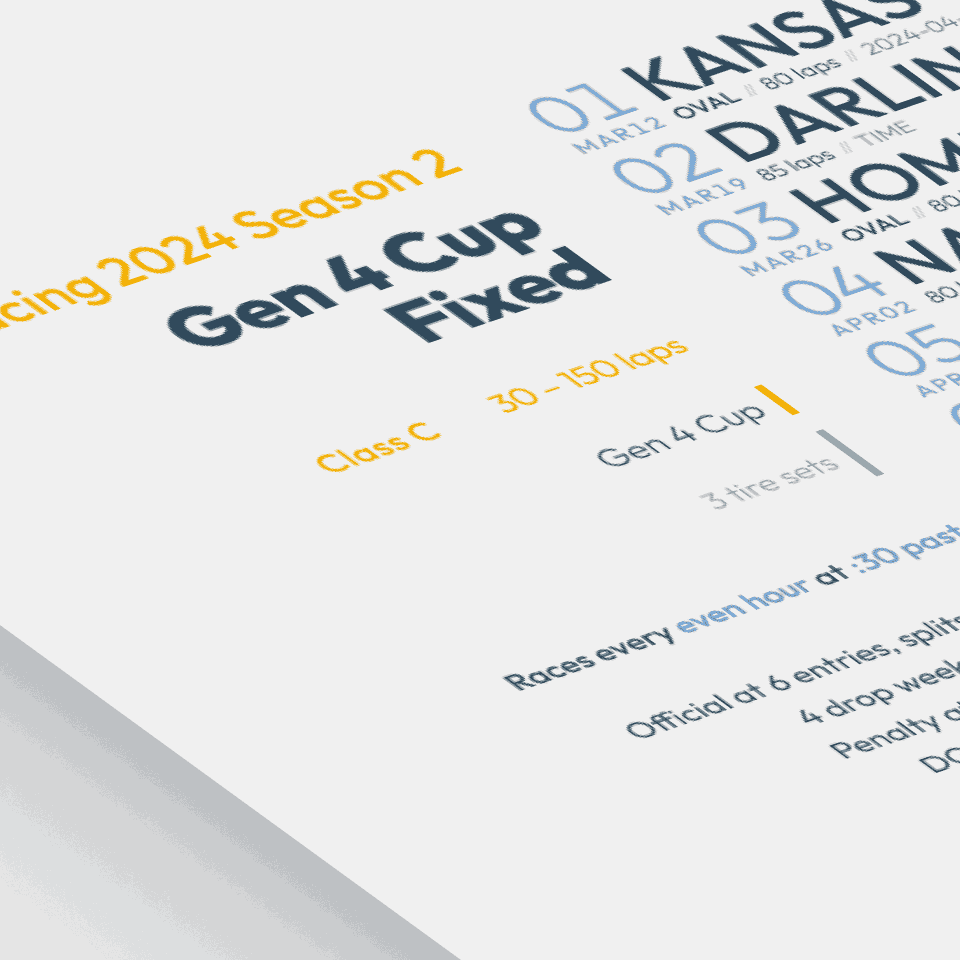 stylized image of a schedule poster for Gen 4 Cup Fixed on iRacing.com
