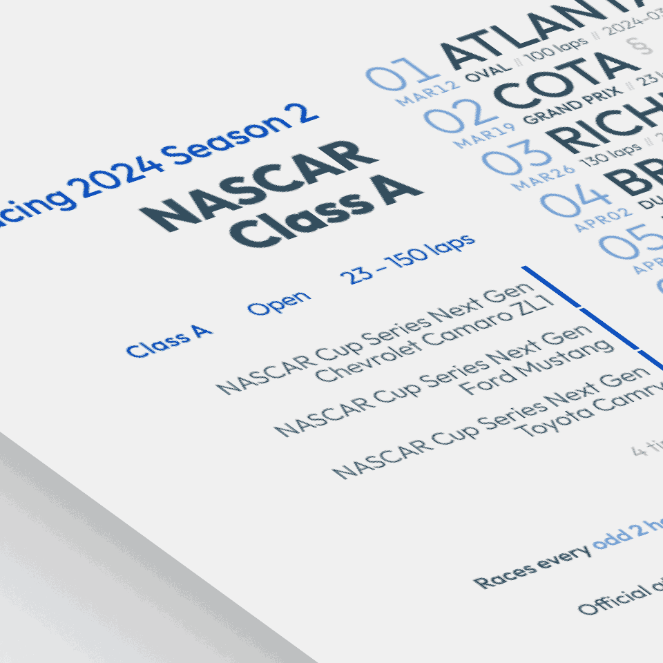 stylized image of a schedule poster for NASCAR Class A Series on iRacing.com