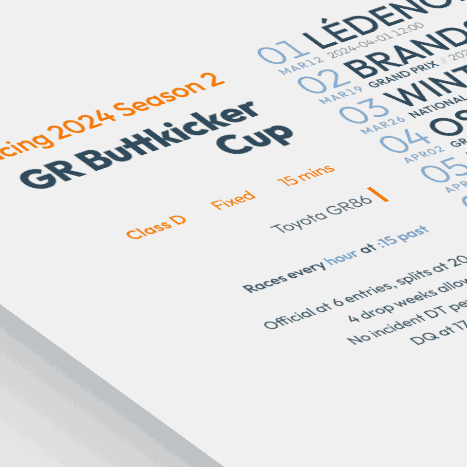 stylized image of a schedule poster for GR Buttkicker Cup on iRacing.com