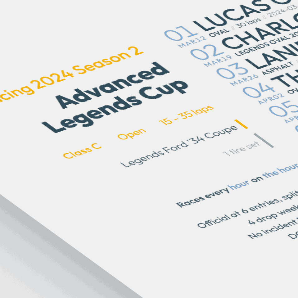 stylized image of a schedule poster for Advanced Legends Cup on iRacing.com