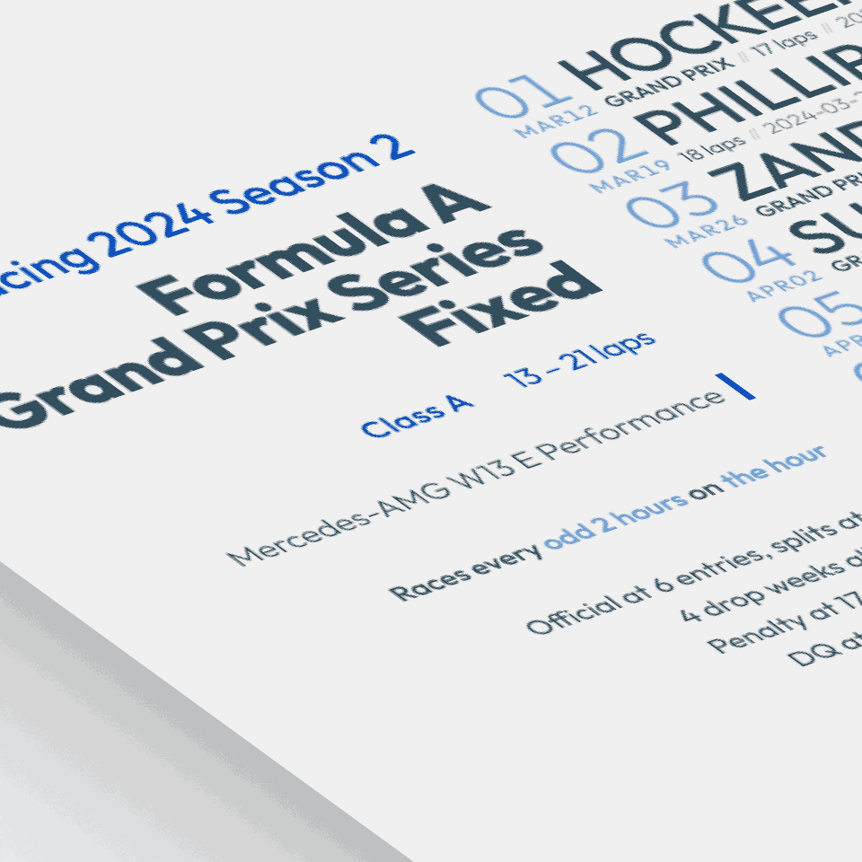 stylized image of a schedule poster for Formula A Grand Prix Series Fixed on iRacing.com