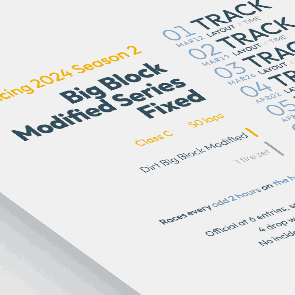 stylized image of a schedule poster for Big Block Modified Series Fixed on iRacing.com
