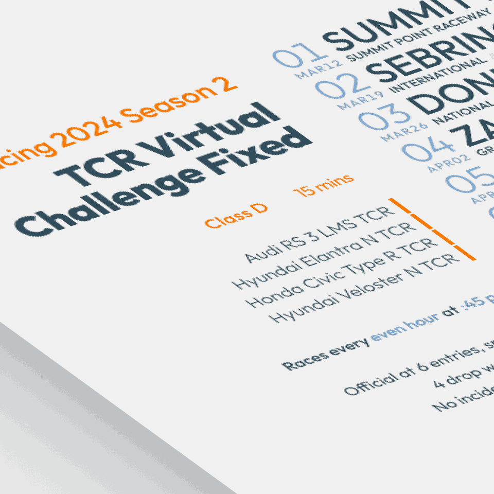 stylized image of a schedule poster for TCR Virtual Challenge Fixed on iRacing.com