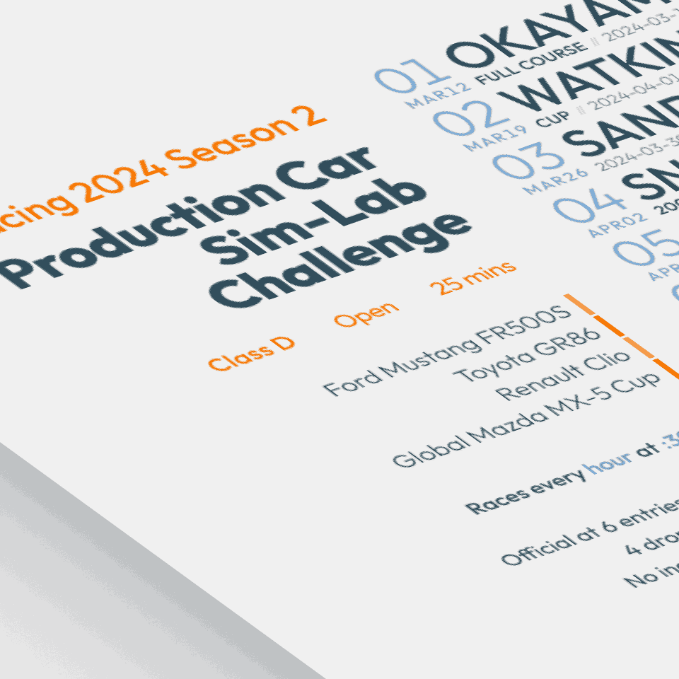 stylized image of a schedule poster for Production Car Sim‑Lab Challenge on iRacing.com