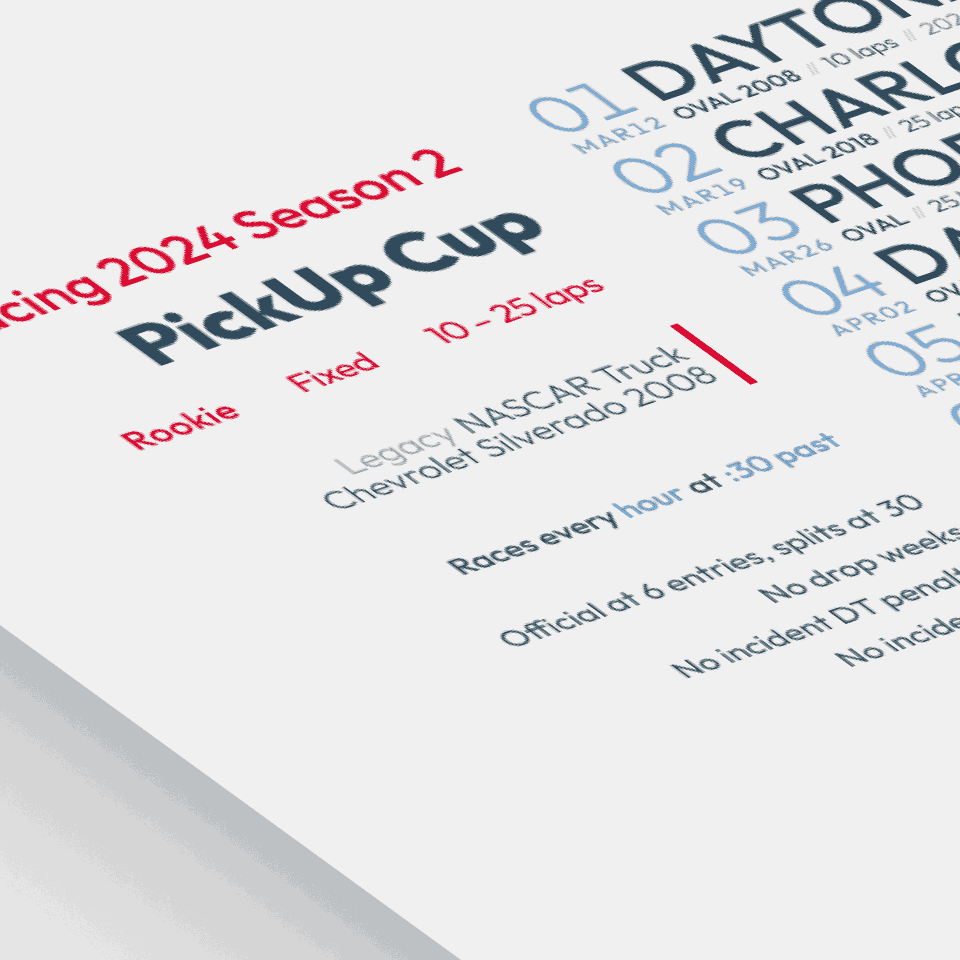 stylized image of a schedule poster for PickUp Cup on iRacing.com