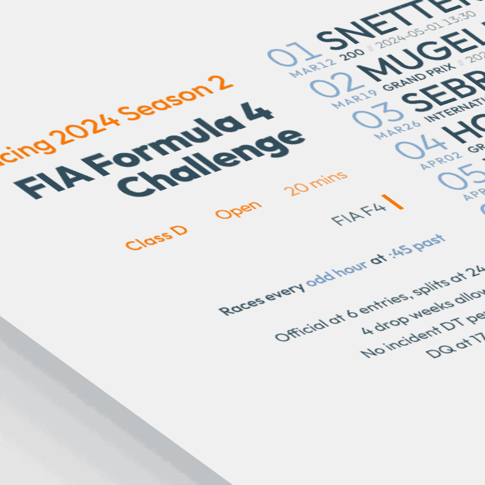 stylized image of a schedule poster for FIA Formula 4 Challenge on iRacing.com