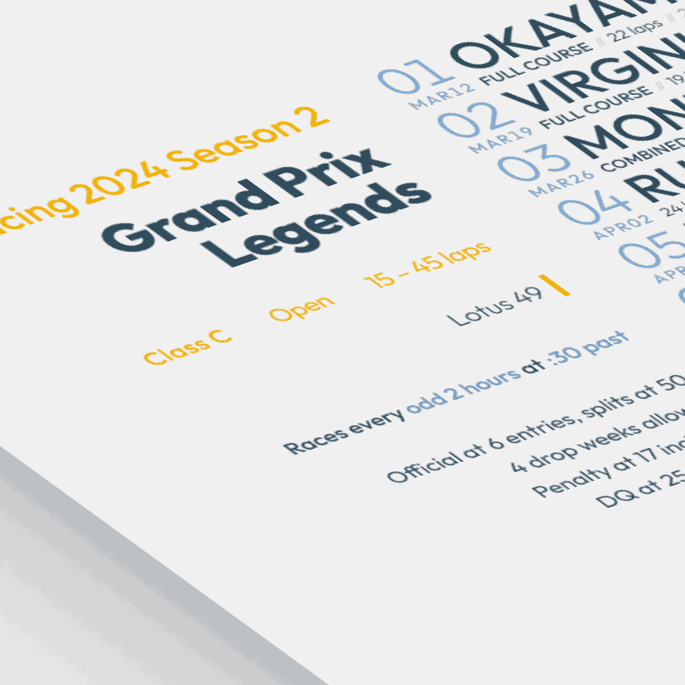 stylized image of a schedule poster for Grand Prix Legends on iRacing.com