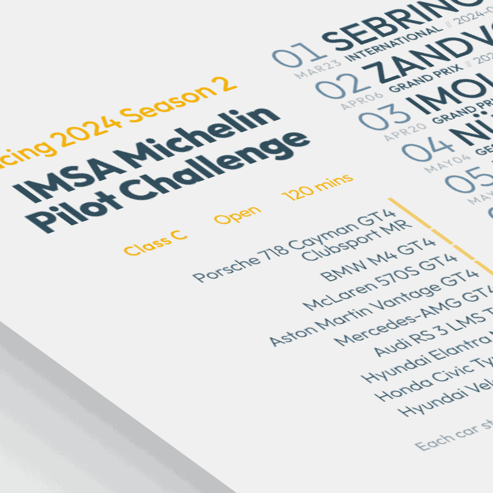 stylized image of a schedule poster for IMSA Michelin Pilot Challenge on iRacing.com