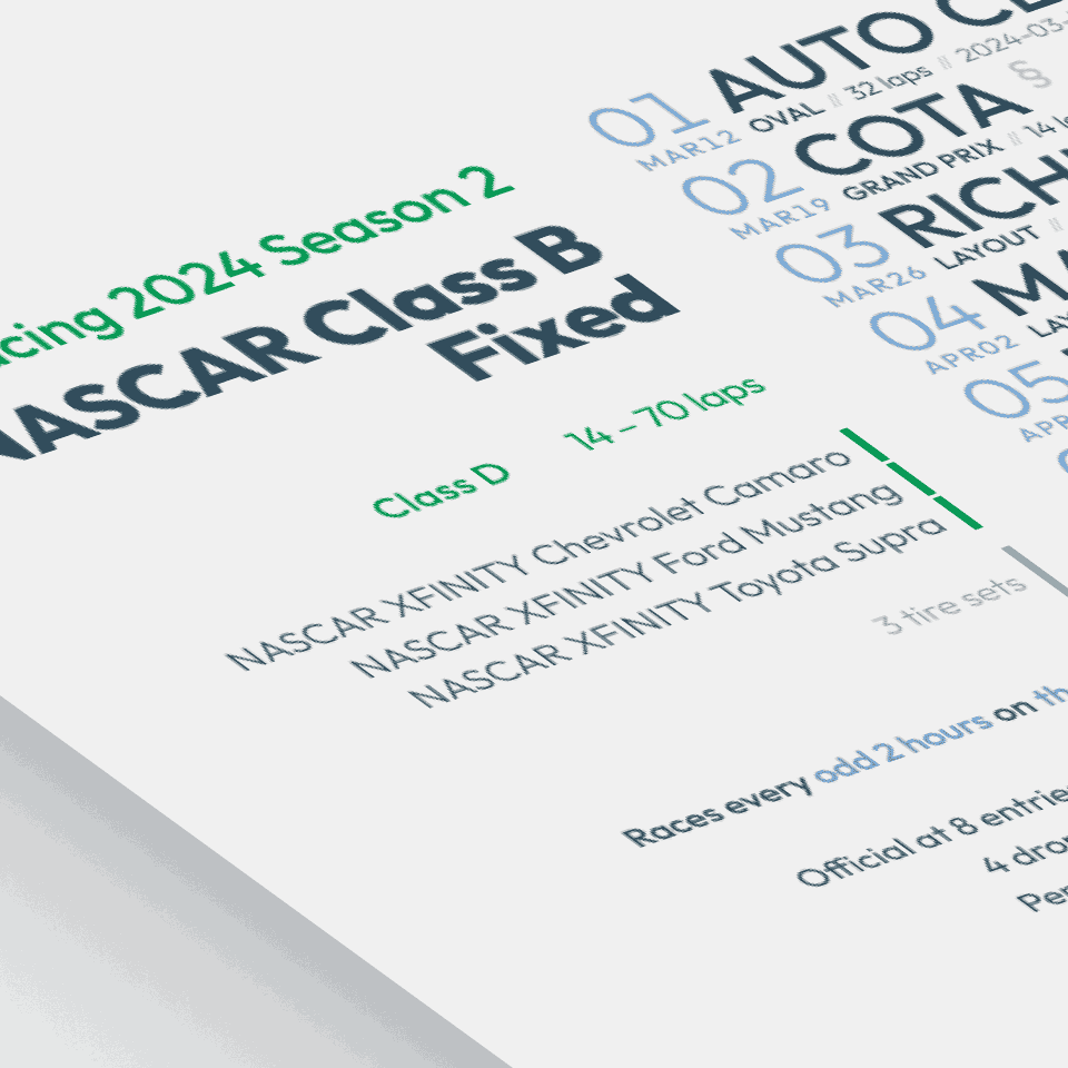 stylized image of a schedule poster for NASCAR Class B Series Fixed on iRacing.com