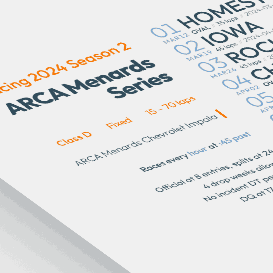 stylized image of a schedule poster for ARCA Menards Series on iRacing.com