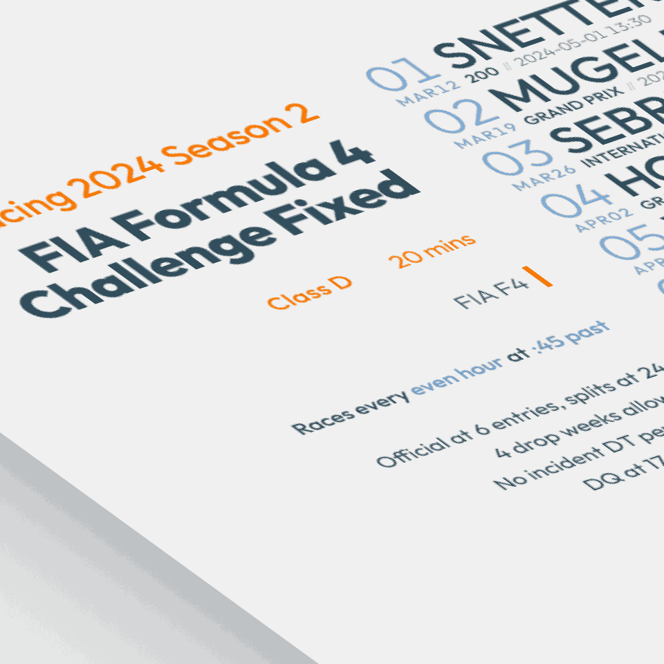 stylized image of a schedule poster for FIA Formula 4 Challenge Fixed on iRacing.com
