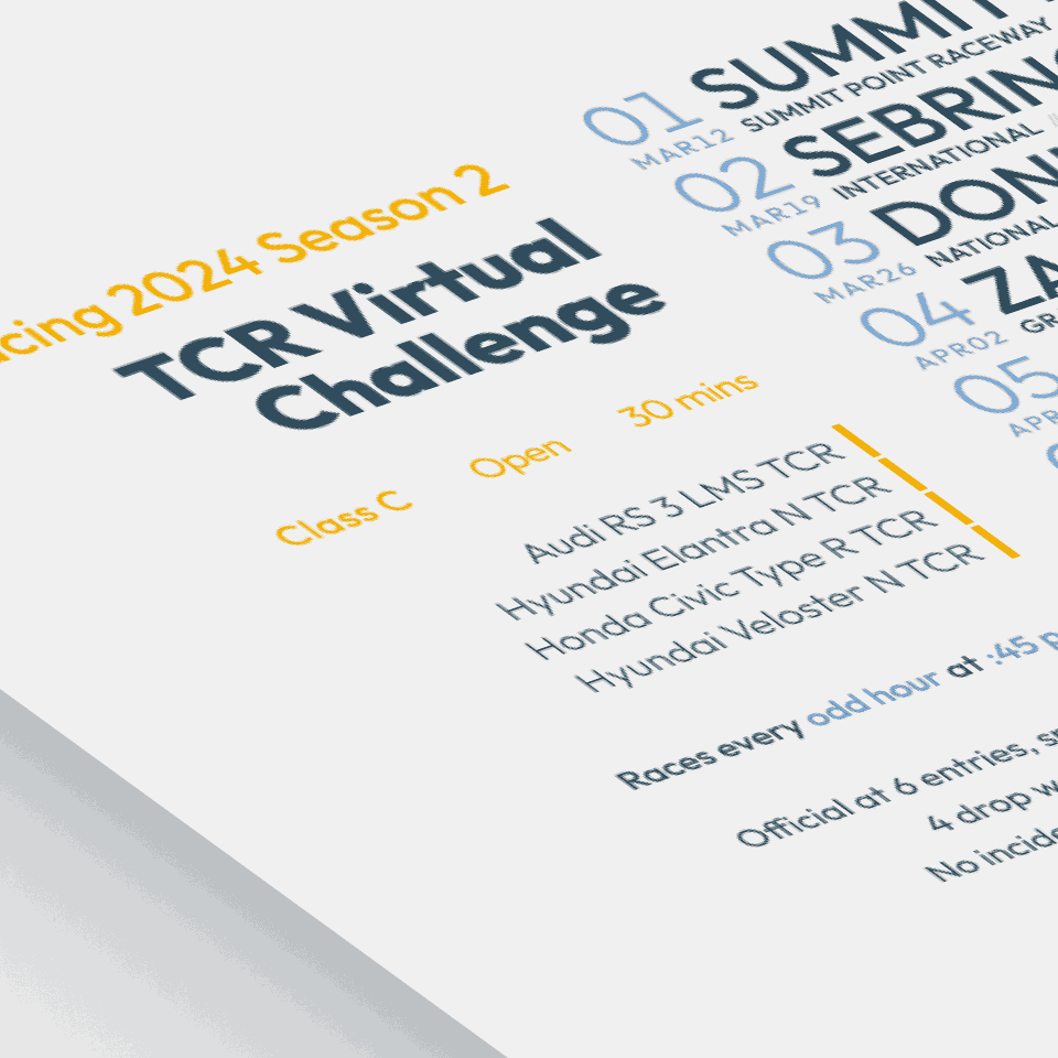 stylized image of a schedule poster for TCR Virtual Challenge on iRacing.com