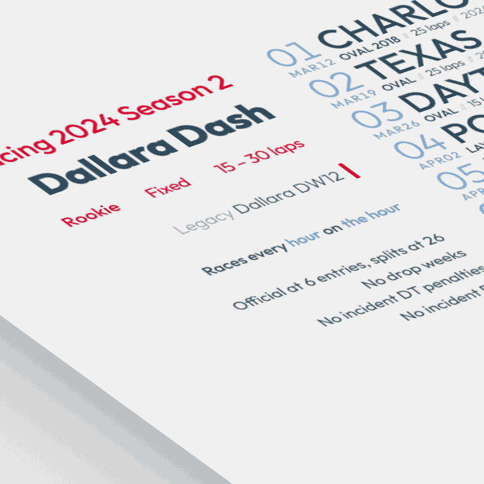 stylized image of a schedule poster for Dallara Dash on iRacing.com