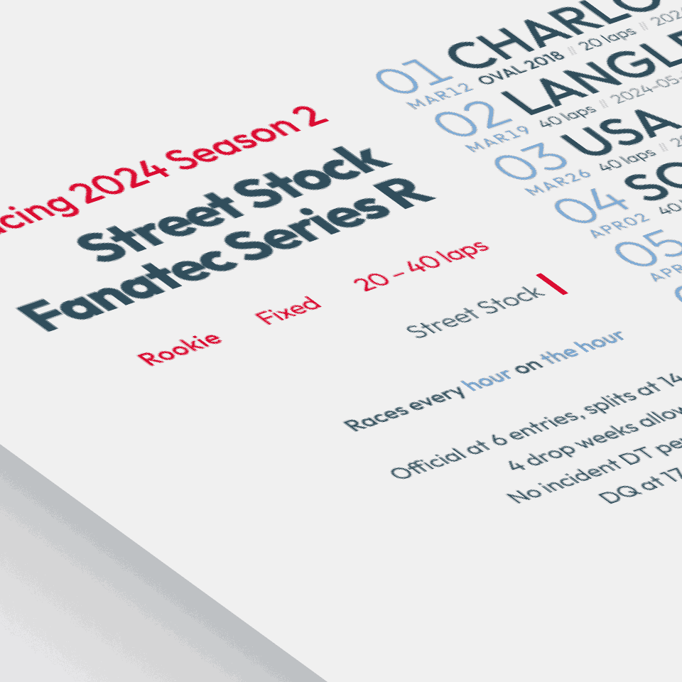 stylized image of a schedule poster for Street Stock Fanatec Series R on iRacing.com