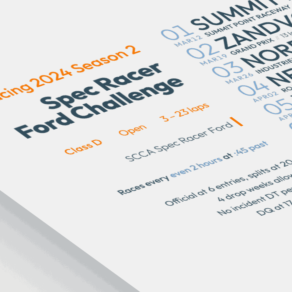 stylized image of a schedule poster for Spec Racer Ford Challenge on iRacing.com
